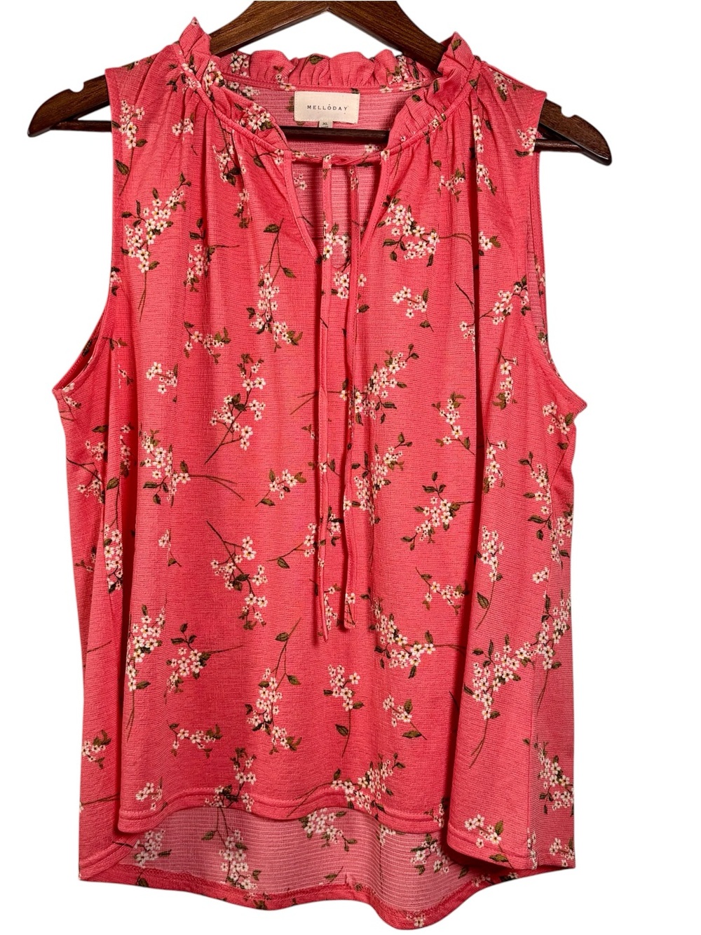 Melloday Womens Top XL Pink Floral Sleeveless Split Tie Ruffle Neck Blouse